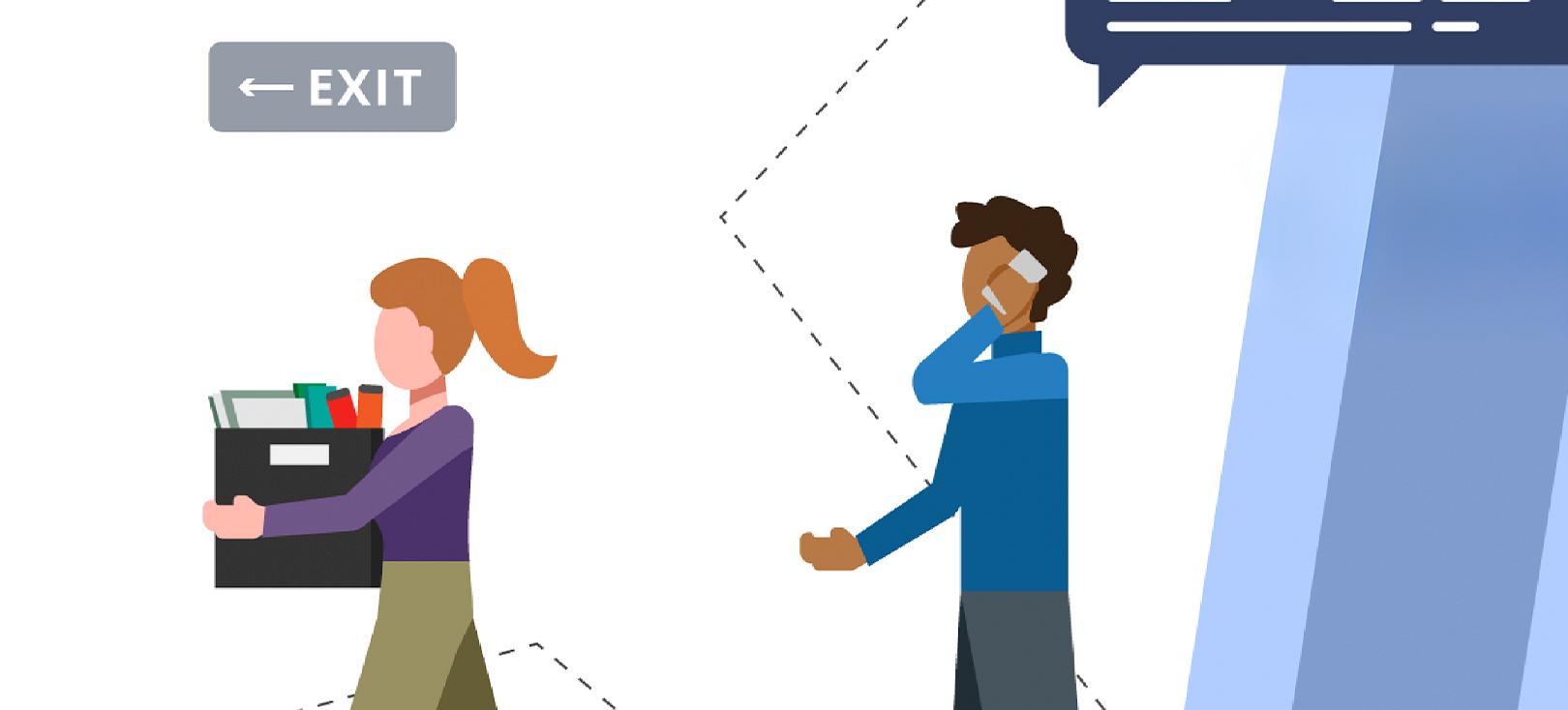 Illustratie van een vrouw die met een doos richting een exit-bord loopt en een man die telefoneert met een tekstballon boven zich.