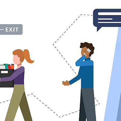 Illustratie van een vrouw die met een doos richting een exit-bord loopt en een man die telefoneert met een tekstballon boven zich.