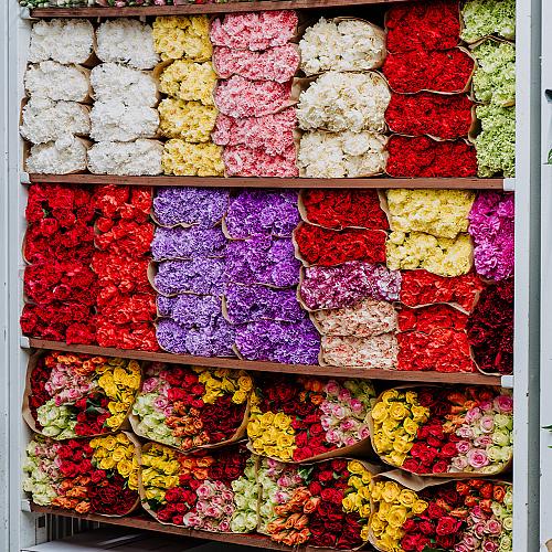 Groot rek gevuld met kleurrijke bloemenbossen in diverse tinten, gesorteerd voor verwerking of verzending.