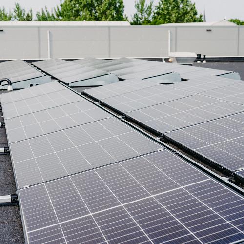 Zonnepanelen op een plat dak, geplaatst in rijen voor optimale energieopwekking, met bomen en een ventilatie-unit op de achtergrond.