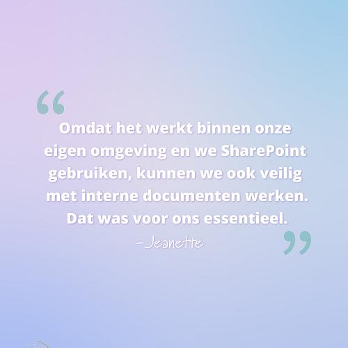 Visuele klantquote over veilig werken met SharePoint in de eigen omgeving, met logo’s van AIBS en Microsoft Copilot op een kleurrijke achtergrond.